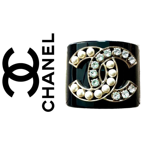CHANEL Black Resin Crystal and Faux Pearl CC Wide Cuff Bracelet - Picture 1 of 10